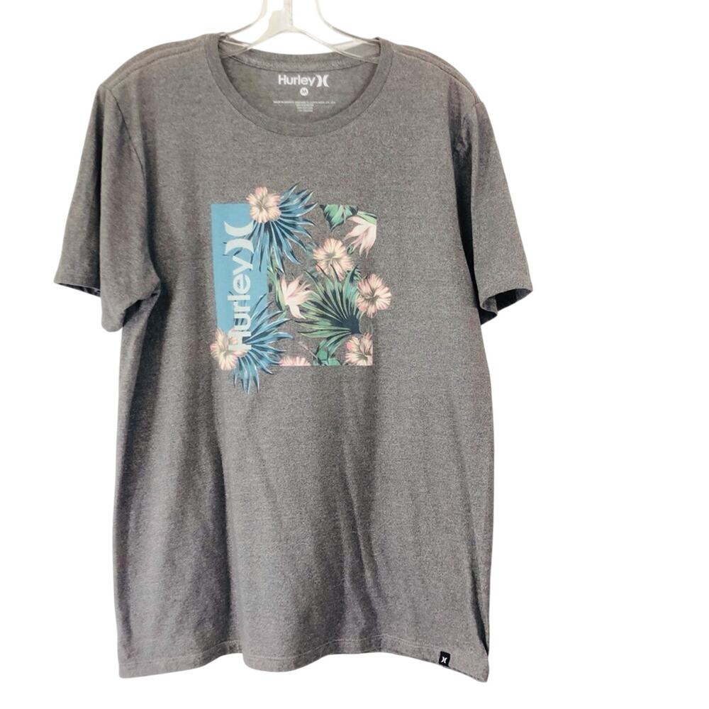 Men's Hurley Gray Short Sleeve T Shirt Graphic Floral Print with Logo on Front